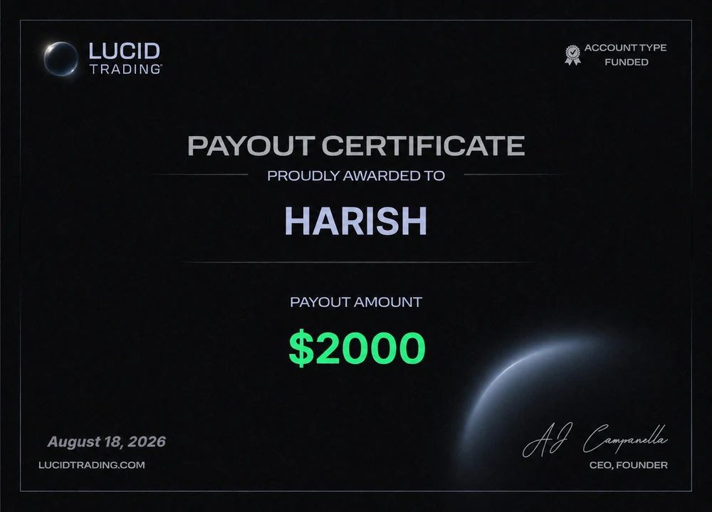 Lucid Trading payout certificate, Harish, $2,000