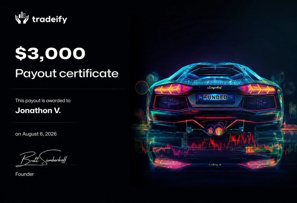 Tradeify payout certificate, Jonathon V., $3,000